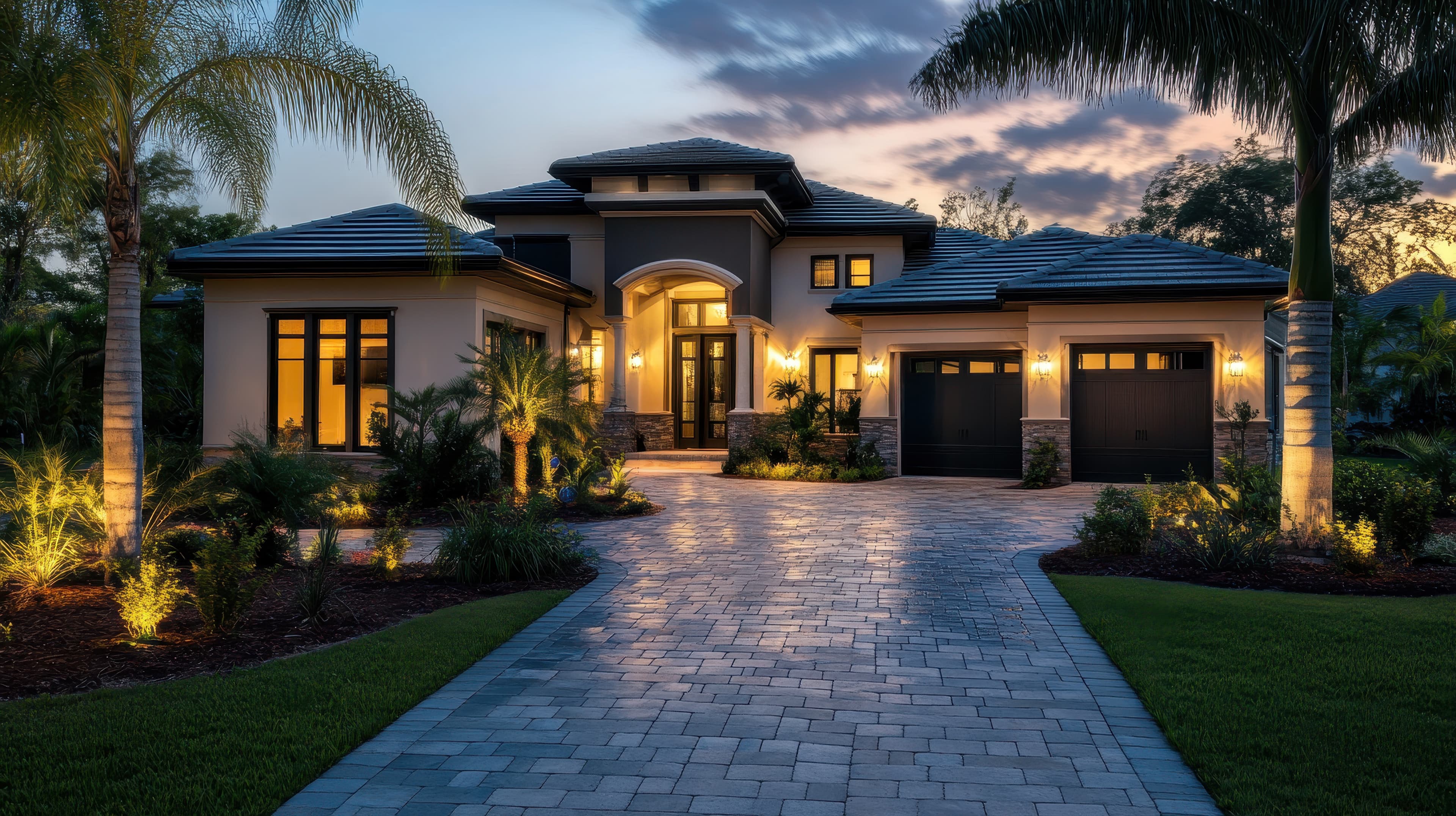 Twilight photograph of a Florida luxury home at dusk, windows lit and palms uplit — the signature launch image